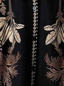 SHEIN CURVE+ Elegante conjunto casual de mujer de 2 piezas con camisa de manga larga tipo cárdigan de patrón floral versátil y cómodo, y falda de cintura elástica, en color negro y albaricoque, adecuado para primavera, verano y otoño, talla grande