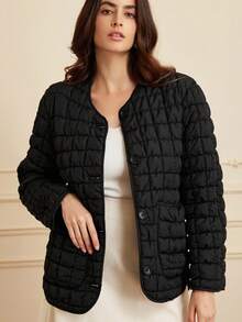 GENKIRA 时装模特风格短款纹理黑色绗缝 3D 云朵轻质棉服外套 - 黑色 - 查看 3