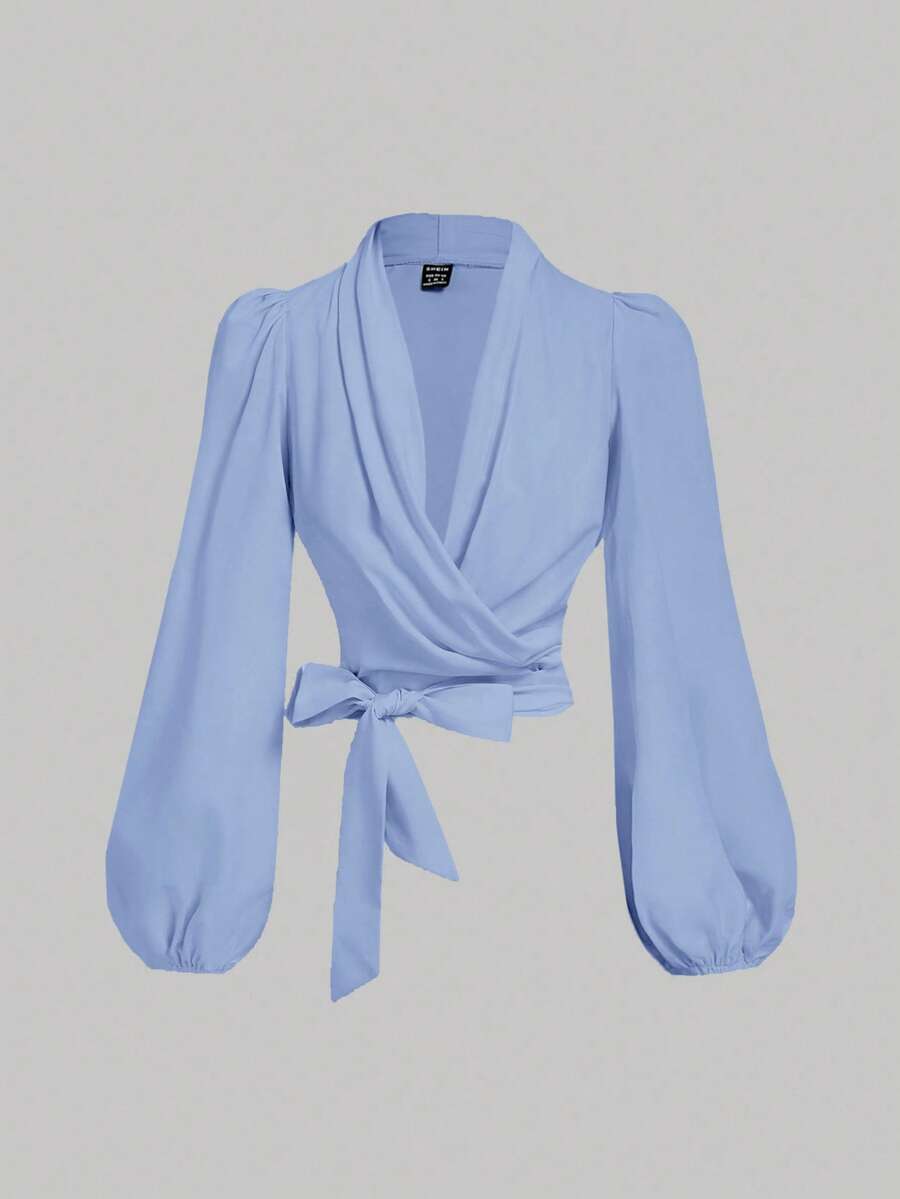 SHEIN MOD 女式秋季蝴蝶结V领灯笼袖衬衫 - 藍色 - 查看 1