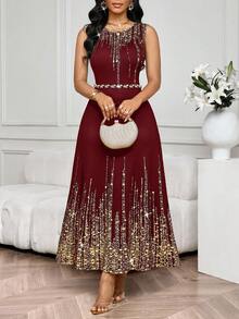 SHEIN Lady 女士优雅圆领无袖连衣裙，夏季 - 酒紅色 - 查看 1