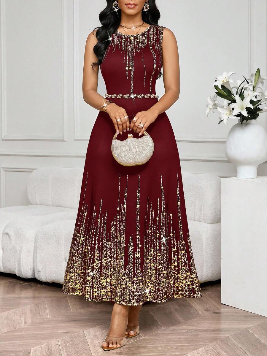 SHEIN Lady 女士优雅圆领无袖连衣裙，夏季 - 酒紅色 - 查看 1