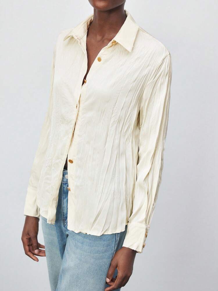 SHEIN Maija Women's Champagne Shirt Collar Loose Comfortable Drop Shoulder Long Sleeve Criss-Cross Back Pleated Design Front Button Metal Decor Versatile Casual Chic Business Wear, Suitable For Office, Urban Commute, Parties, Low-Key Elegant, Sophisticated, Relaxed Fit Blouse Silk Blouse Silk Shirt Button Down Blouse Summer Blouse Cream Blouse Modern Urban Casual Fashion Business Casual Women's Office Wear Low-Key Old Money Style Effortless Temperament High-End Urban Commuting High-Quality Airport Women's W