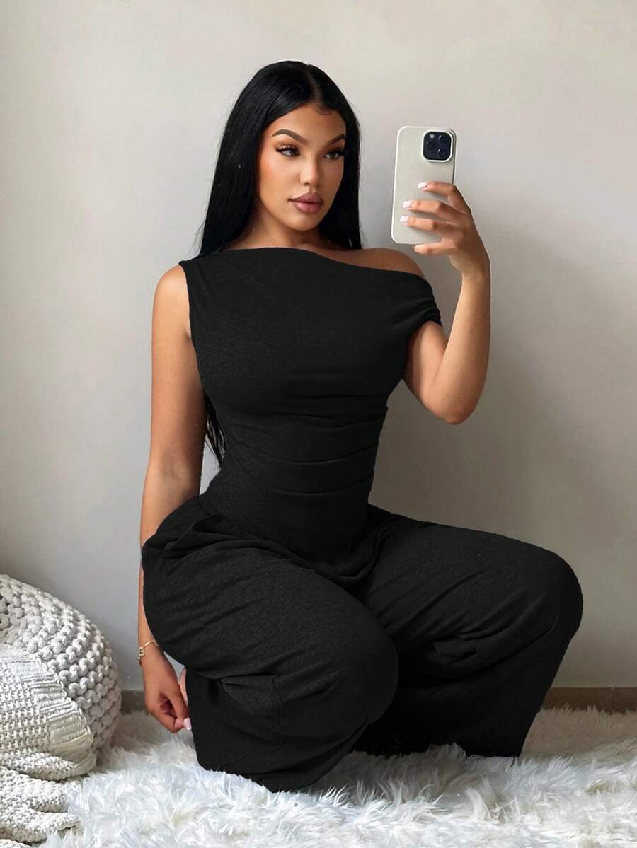 SHEIN SXY Asymmetric Neck Ruched Black Blouse And High Waist Loose Pocket Pants Women 2 Pieces Set, Suitable For Vacation, Date, Casual, Commute, Home - Black - View 1