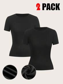 SHEIN EZwear 2 件百搭圆领紧身短袖 T 恤，百搭，多种面料可选 - 黑色 - 查看 1