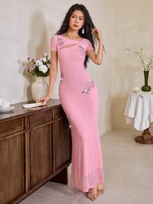 EastFlair Váy tay ngắn đính đá hoa cho nữ - Hồng - Xem 3