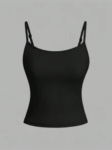 SHEIN PETITE Casual Solid Color Truncated Suspender High Elastic Knitted Slim Fit Women's Top, Suitable For Autumn And Winter As An Inner Wear, Black Top,Black Tops