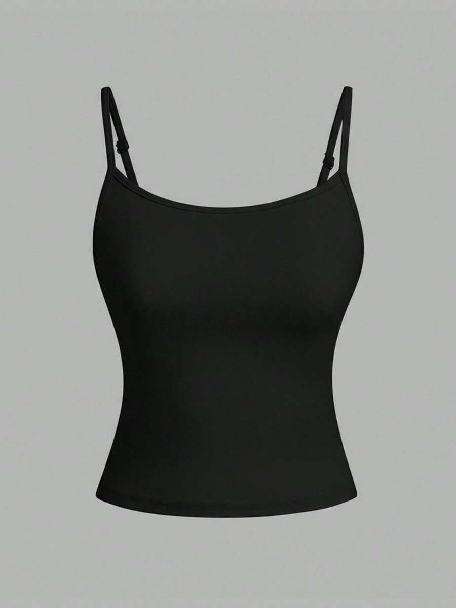 SHEIN PETITE Casual Solid Color Truncated Suspender High Elastic Knitted Slim Fit Women's Top, Suitable For Autumn And Winter As An Inner Wear, Black Top,Black Tops