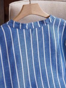 EMERY ROSE 大码女式秋季乡村休闲蓝白条纹长袖衬衫上衣，带口袋，秋冬季，外出穿着，2025新款 - 藍白色 - 查看 8