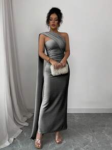Elenzga Đầm Maxi Dự Tiệc Sang Trọng, Nhẹ, Gợi Cảm, Không Đối Xứng, Vai, Eo, Ôm Sát, Dệt Kim Sáng Bóng, Co Giãn, Thoải Mái, Sang Trọng, Thoải Mái, Dành Cho Đêm Hẹn Hò/Tiệc - màu đen - Xem 6