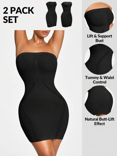 SHEIN 2 Packs Seamless Strapless Cami Shapewear Slip Set Dress Body Shaper Bust& Butt Lifter -Tummy Waist Control
