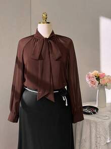 Maweii 棕色雪纺系领优雅简约休闲宽松时尚百搭日常穿搭小众设计外搭/内搭大码女式衬衫，春/秋/冬 - 咖啡棕 - 查看 4