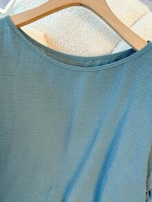 SHEIN Clasi 大码夏季休闲纯色荷叶边袖衬衫 - 青碧色 - 查看 5
