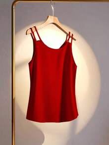 INAWLY 大码女式缎面纯色宽松休闲吊带背心 - 紅色 - 查看 2