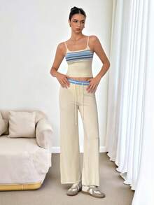 SHEIN Tall Vestă contrastantă cu talie joasă și șnur de cusut, pantaloni largi tricotați, ușori, de primăvară-vară, doar pentru vacanțe, eleganți, pentru plajă, drăguți, pentru aeroport, casă de plajă, îmbrăcăminte de aeroport, vacanță, toamnă/iarnă - Cremă - Vizualizare 1