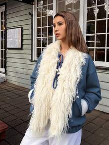 DAZY Patchwork Fur Collar Loose Fit Thick Casual Street Wear Padded Coat, Autumn/Winter Jacket - Blue - View 3