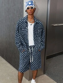 PAVTROS 男士格纹长袖夹克和抽绳腰短裤休闲牛仔套装，秋季 - 藍色 - 查看 7