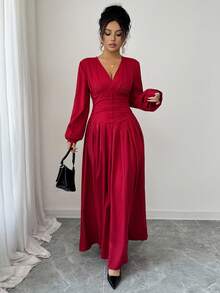 Elenzga Deep V-Neck Design Ruched Waist Elegant Dress, Christmas - Red - View 6