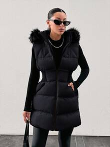 EURMUSE Padded Vest With Furry Hood And Adjustable Waist, Two Side Pockets, Thick And Fashionable Puffer Jacket, Quilting Details - Black - View 5