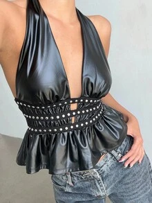 Aloruh 优雅性感露背挂脖上衣 - 黑色 - 查看 3