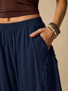 Easelle Women's Casual Fashion Street Chic Minimalist Solid Color Elastic Waist Side Pockets Raw Edge Banana Pants Boho Pants For Women Harem Pants Women Baggy Pants Women Tassel Pants - Navy Blue - View 6