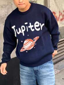 DAZY Men's Minimalist Loose Fit Planet & Text Print Long Sleeve Pullover Sweater - Navy Blue - View 4