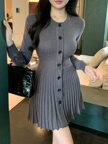 DAZY Women's Solid Color Minimalist Long Sleeve Sweater Dress, Casual Everyday Wear - Dark Grey - View 4