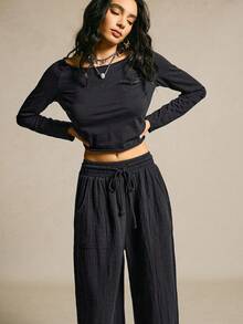 SoleilVie Women's Halloween Christmas Retro Casual Washed Distressed Cotton Comfort Slightly Dropped Shoulders Bloomers Casual Long Sleeve Top And Pants Two-Piece Set Perfect For Fall Travel, Commuter Back To School, Holiday Outings Going Out Outfits Going Out Tops For Women Halloween New Year Outfit New Year Look New Year Women's Outfit Clothes For Women Autumn Outfits For Women Halloween Casual Sets For Women - Black - View 4