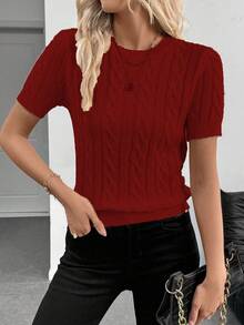 EMERY ROSE Blogger-Inspired Twist Rope Decor Round Neck Knit Sweater, Versatile For Autumn/Winter Cute Red Top Dark Red Top Knit Tops Red Sweater Knit Top Women, Christmas - Red - View 6