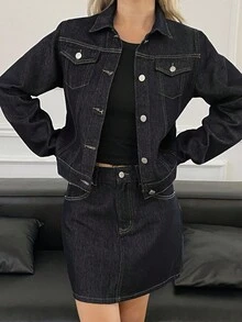 DAZY 纯色纽扣牛仔外套和半身裙 秋冬 Y2K - 藍色 - 查看 4