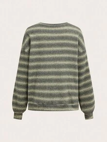 SHEIN PETITE CURVE Plus Size Plus Size Crew Neck Striped Jumper Casual Y2k 90's Stripe Plus Size Airport Outfits Petite Curve Sweater Striped Sweater Green Striped Sweater In Fall/Winter