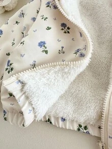 SHEIN 女婴连帽毛绒花卉外套，保暖加厚内衬飞行员夹克，韩版休闲百搭印花拉链外套，适合秋冬季日常穿着