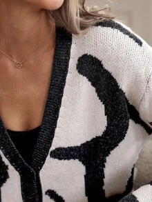 Louniche Black & White Floral Knitted Wool Cardigan For Women, Autumn/Winter - Black - View 7
