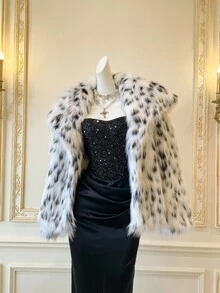 SHEIN MOD 女式冬季仿毛领长袖时尚黑白豹纹夹克 - 黑與白 - 查看 1