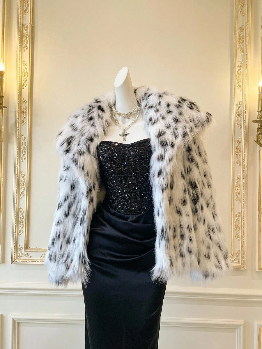 SHEIN MOD 女式冬季仿毛领长袖时尚黑白豹纹夹克 - 黑與白 - 查看 1