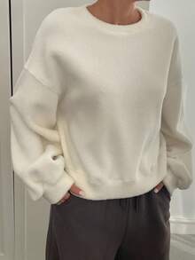 Livesso 女士宽松商务休闲简约保暖内衬厚款运动衫，秋冬 - 米色 - 查看 11