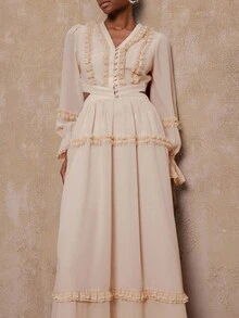 SHEIN Privé VITNOS Peach Pink Elegant Wedding Dress For Women, Lace V-Neck Long Sleeve Flared Gown,Autumn High-End Luxury Evening Party Prom Graduation - Apricot - View 5