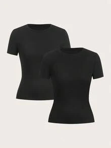 SHEIN EZwear 2 件百搭圆领紧身短袖 T 恤，百搭，多种面料可选 - 黑色 - 查看 9