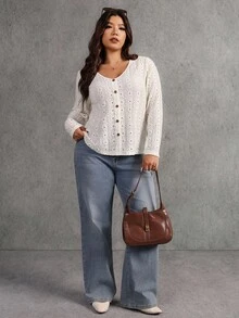 Elaquor Plus Size Women's Fashionable & Elegant Eyelet Embroidery V-Neck T-Shirt Eyelet Top For Women White Cardigan
