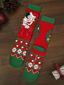 Betty Boop x SHEIN Calcetines casuales de media pantorrilla para mujer, suaves y transpirables, que absorben la humedad, con patrón de hombrecillo de jengibre, de moda y festivos, de color rojo, con refuerzo en los dedos y el talón para mayor durabilidad en invierno