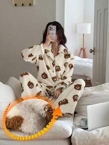 DAZY Women's Bear Pattern Plush Loose Pajama Set, Winter, Fall Clothes Thermal Lined, Fluffy, Cozy - Apricot - View 5
