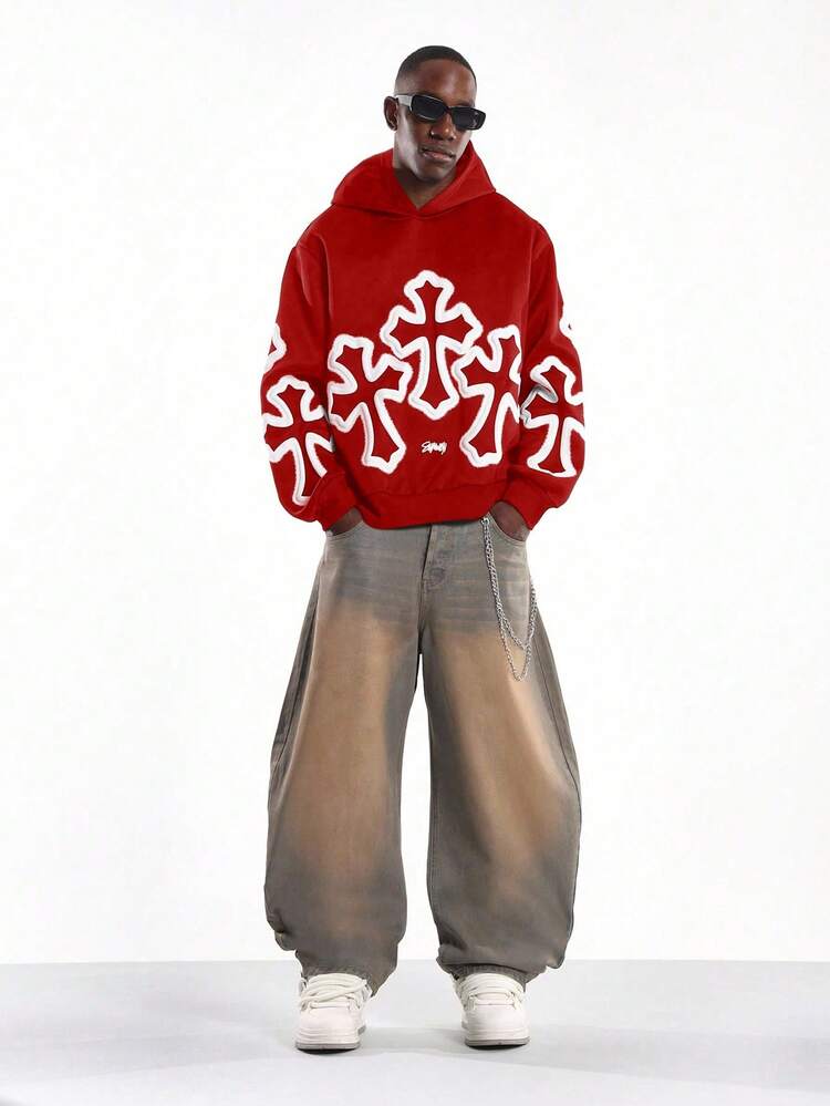 Cross Pattern Pullover Hoodie With Graffiti Design