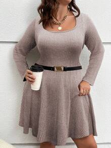 SHEIN EMERY ROSE CURVE Plus Size Women French Casual Ribbed Fuzzy Long Sleeve Dress, Autumn/Winter - Dusty Pink - View 1