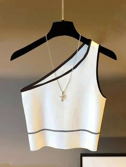 Franclia 女式白色单肩背心，黑色饰边，可爱夏季背心，海滩度假装