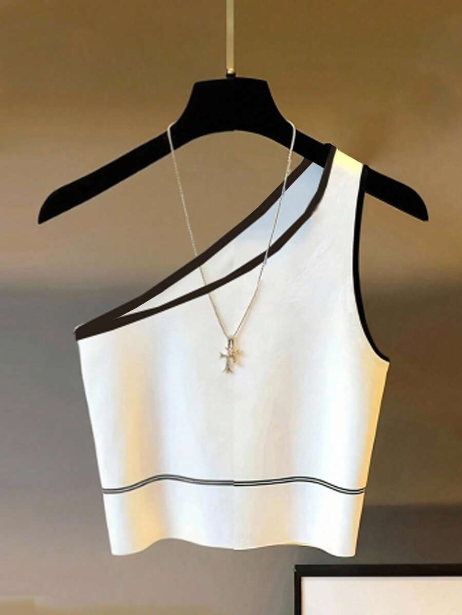 Franclia 女式白色单肩背心，黑色饰边，可爱夏季背心，海滩度假装 - 白色 - 查看 1