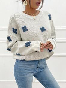 Cloudara Floral Pattern Drop Shoulder Jumper - White - View 5