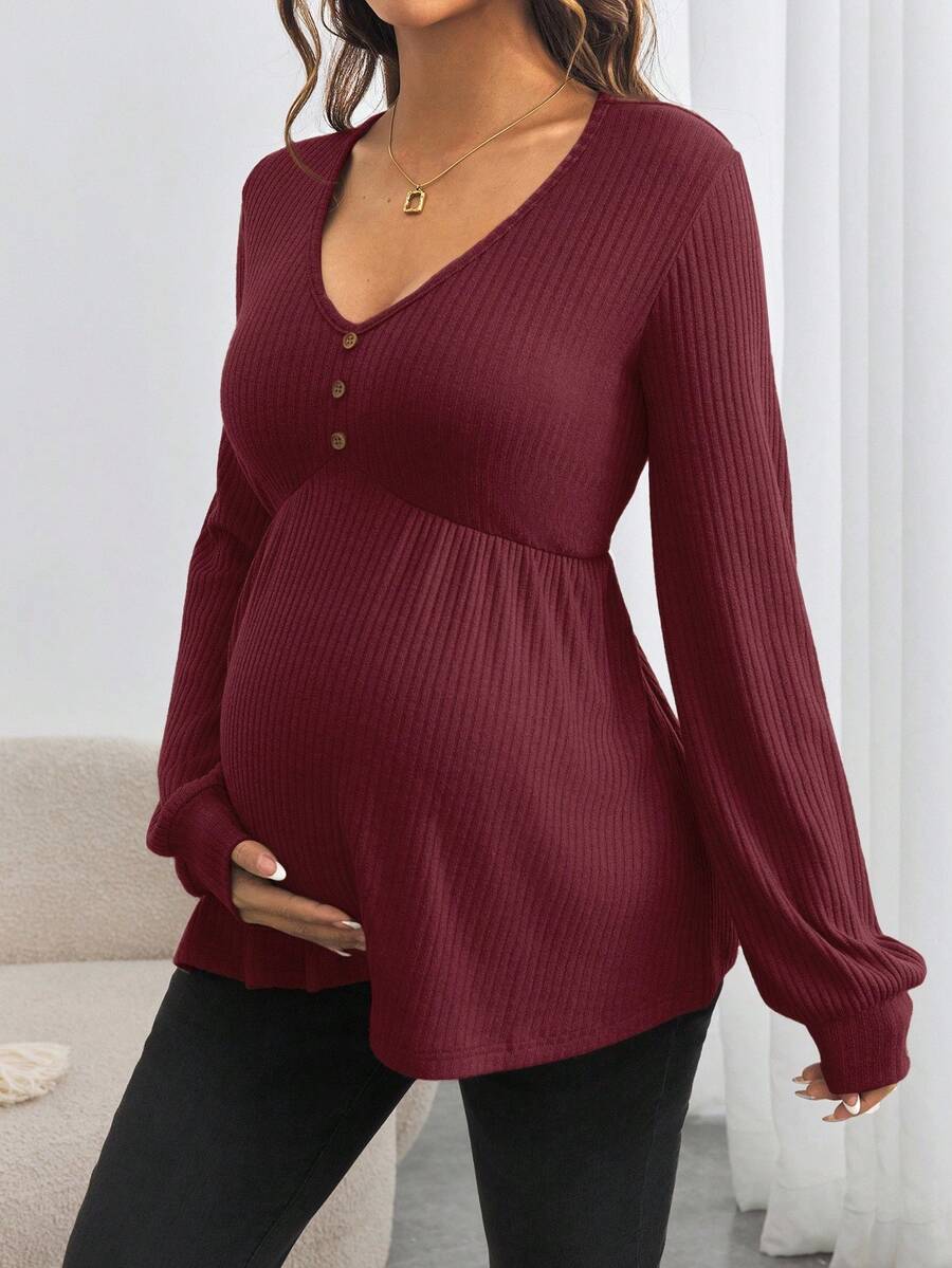 SHEIN Maternity V-Neck Long Sleeve Loose T-Shirt With Buttons, Fall Clothes - Burgundy - View 1