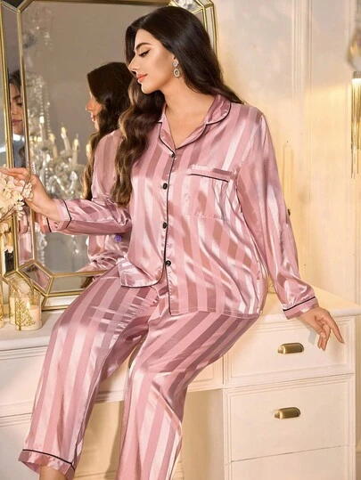 LuxeNights Conjunto de pijama de top de satén con ribete de contraste jacquard a rayas y pantalones, conjunto de pijama, ropa de otoño e invierno cómoda y elegante