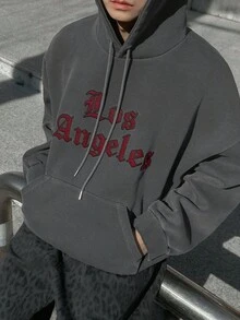 DAZY Sudadera con capucha térmica con diseño de bordado de letras góticas para hombres, gris carbón, otoño/invierno