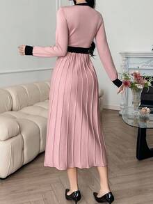 DAZY 女士优雅圆领纽扣腰针织毛衣连衣裙（配领带），秋冬 - 粉色 - 查看 2