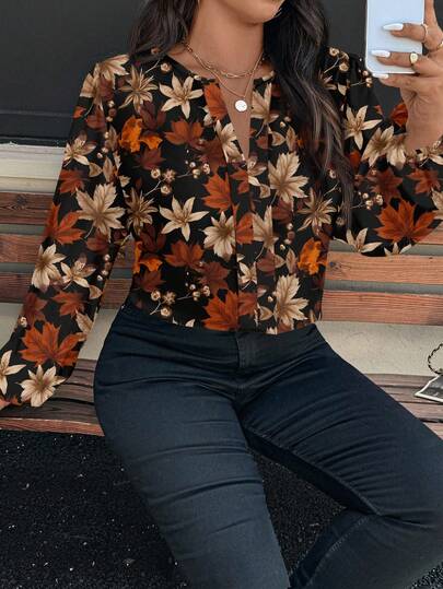 EMERY ROSE Elegant Vintage Maple Leaf Print Plus Size Women Shirt, Suitable For Autumn/Winter, Back To School Season, Teacher's Day Fall Blouse Floral Blouse Chic Blouses For Women Long Sleeve Going Out Top Autumn Clothes Fall Winter